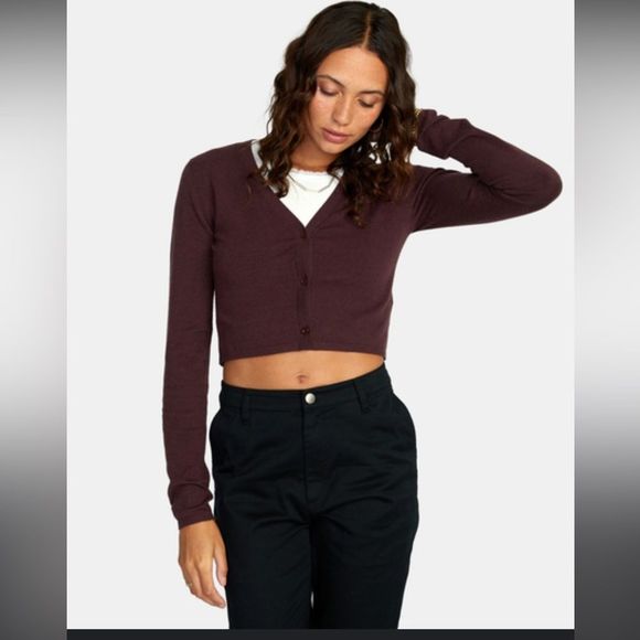 NWT Silvian Heach Deep Red Cropped Button Front Long Sleeve Cardigan Size XL - Picture 5 of 14